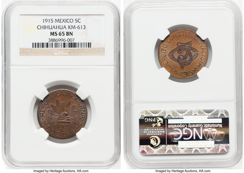 Pair of Certified Assorted 5 Centavos NGC, 1) Chihuahua. Revolutionary 1915 MS65...