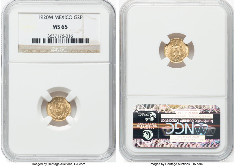 Estados Unidos gold 2 Pesos 1920-M MS65 NGC, Mexico City mint, KM461. HID0980124...