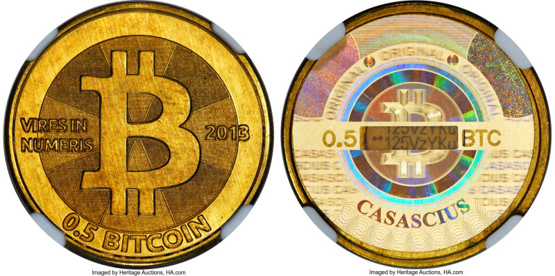 Casascius brass Loaded (Unredeemed) 0.5 Bitcoin (BTC) 2013 MS68 NGC, Ahonen-pg 1...