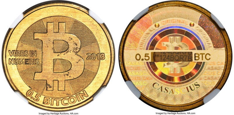 Casascius brass Loaded (Unredeemed) 0.5 Bitcoin (BTC) 2013 MS67 NGC, Ahonen-pg 1...