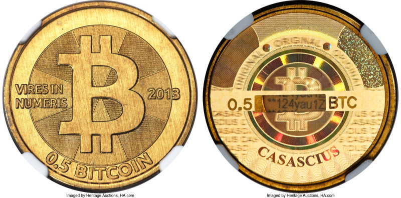 Casascius brass Loaded (Unredeemed) 0.5 Bitcoin (BTC) 2013 MS67 NGC, Ahonen-pg 1...