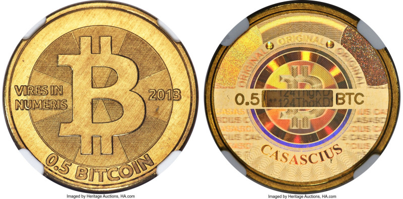 Casascius brass Loaded (Unredeemed) 0.5 Bitcoin (BTC) 2013 MS67 NGC, Ahonen-pg 1...