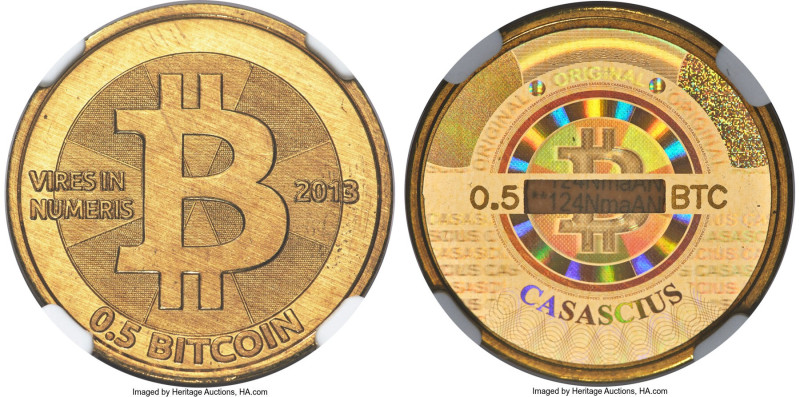 Casascius brass Loaded (Unredeemed) 0.5 Bitcoin (BTC) 2013 MS67 NGC, Ahonen-pg 1...