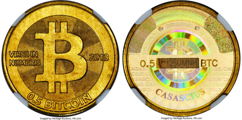 Casascius brass Loaded (Unredeemed) 0.5 Bitcoin (BTC) 2013 MS67 NGC, Ahonen-pg 1...