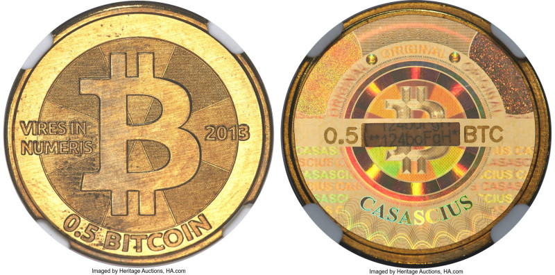 Casascius brass Loaded (Unredeemed) 0.5 Bitcoin (BTC) 2013 MS66 NGC, Ahonen-pg 1...