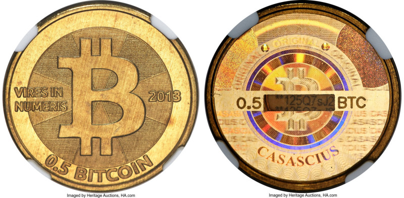 Casascius brass Loaded (Unredeemed) 0.5 Bitcoin (BTC) 2013 MS66 NGC, Ahonen-pg 1...