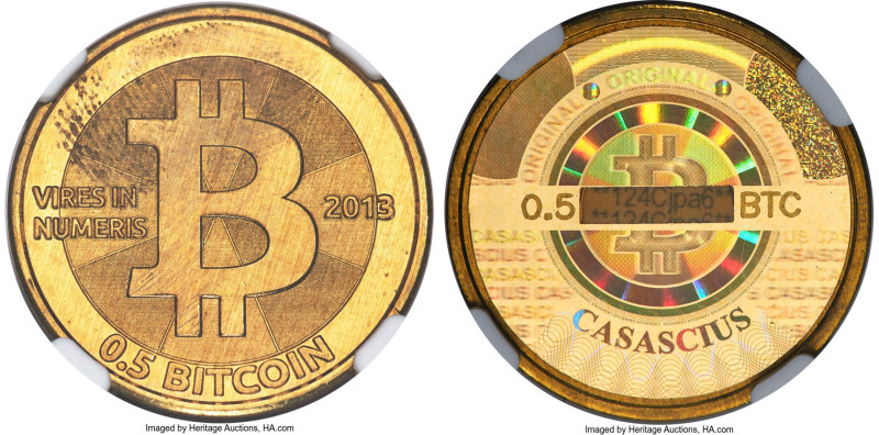 Casascius brass Loaded (Unredeemed) 0.5 Bitcoin (BTC) 2013 MS65 NGC, Ahonen-pg 1...