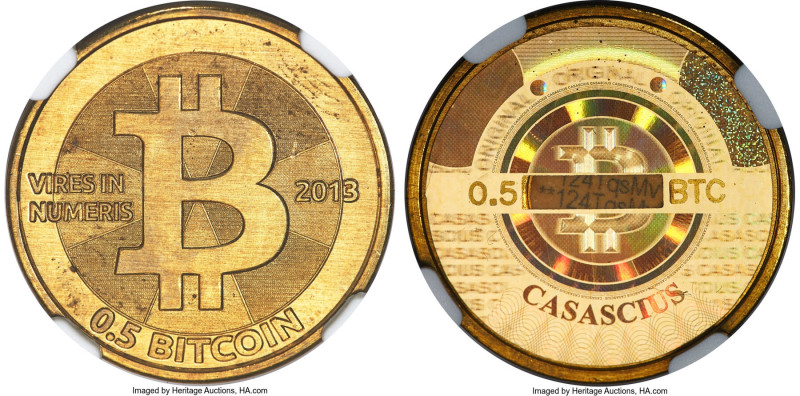 Casascius brass Loaded (Unredeemed) 0.5 Bitcoin (BTC) 2013 MS65 NGC, Ahonen-pg 1...