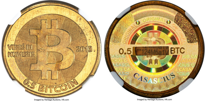 Casascius brass Loaded (Unredeemed) 0.5 Bitcoin (BTC) 2013 MS65 NGC, Ahonen-pg 1...