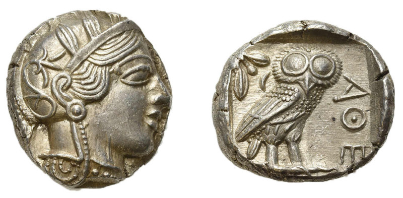 Griechen. Tetradrachme, ca. 440-420 v. Chr., Kopf der Athena nach rechts / Eule ...