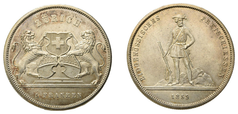 Schweiz. 5 Franken 1859. Zürich. Eidgenössisches Freischiessen. 25.06 g. R 1723a...