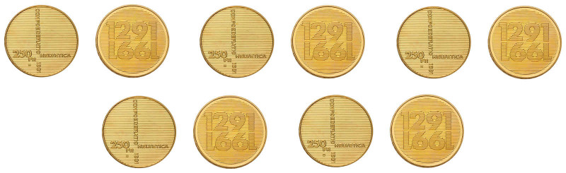 Schweiz. 5x 250 Franken 1991 Gold "700 Jahre Schweizerische Eidgenossenschaft". ...