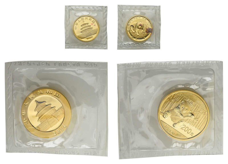 2 Goldmünzen China Panda. Dabei 200 Yuan 2014 und 5 Yuan 1988. Beide Goldmünzen ...