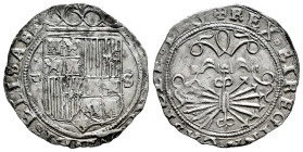 Catholic Kings (1474-1504). 1 real. Sevilla. (Cal-440). Ag. 3,48 g. Shield between D square and S. VF/Choice VF. Est...80,00. 

Spanish Description:...