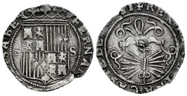 Catholic Kings (1474-1504). 1 real. Sevilla. (Cal-440). Ag. 3,34 g. Shield between D square and S. Minor crack. VF. Est...75,00. 

Spanish Descripti...