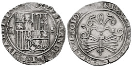 Catholic Kings (1474-1504). 4 reales. Sevilla. (Cal-565). Ag. 13,66 g. Shield between IIII - S. Assayer square "d" below yoke and bundle of arrows. Sc...