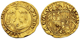 Catholic Kings (1474-1504). Double excelente. Sevilla. (Cal-746). (Tauler-234). Au. 6,92 g. X flanked by dots over the the busts and S between the bus...