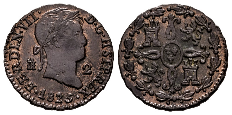 Ferdinand VII (1808-1833). 2 maravedis. 1825. Segovia. (Cal-147). Ae. 2,52 g. Le...