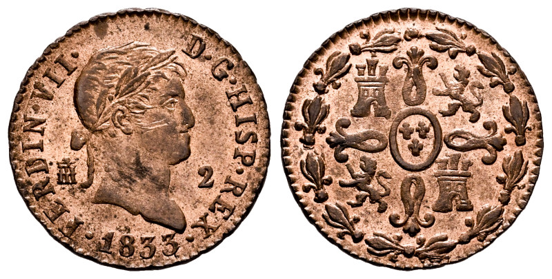 Ferdinand VII (1808-1833). 2 maravedis. 1833. Segovia. (Cal-157). Ae. 2,53 g. Pl...