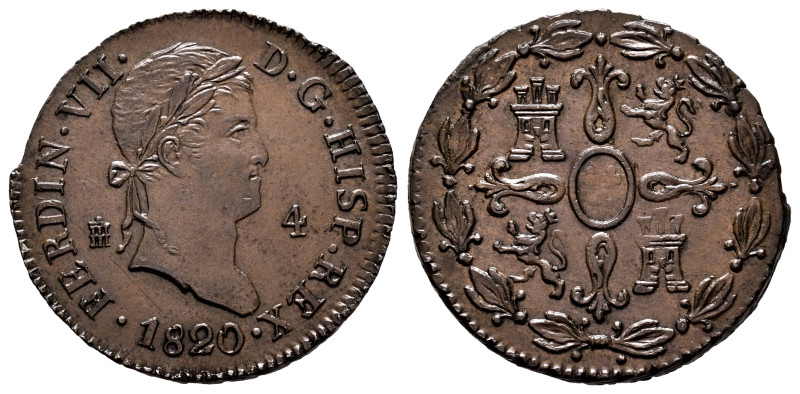 Ferdinand VII (1808-1833). 4 maravedis. 1820. Segovia. (Cal-175). Ae. 5,21 g. Ve...