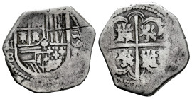 Philip II (1556-1598). 2 reales. 1596. Sevilla. B. (Cal-422). (Jarabo-Sanahuja-A703). Ag. 6,47 g. Scratch on obverse. Scarce. Almost VF. Est...100,00....