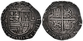 Philip II (1556-1598). 4 reales. ND. Sevilla. (Cal-576). Ag. 13,71 g. "Square d" assayer on reverse. Fleur de lis between shield and crown. Beautiful ...