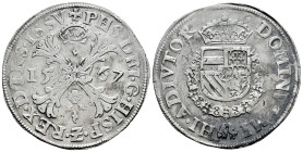 Philip II (1556-1598). 1 escudo of Burgundy. 1567. Hasselt (Overijssel). (Tauler-1295). (Vanhoudt-290.HS). (Vti-1328). Ag. 29,23 g. Slight rust. Scarc...