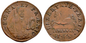 Philip II (1556-1598). Jeton. 1568. (Dugn-2479). (Van Loon-I 110). Anv.: ·POENA·ET·PRAEMIO·B·. The King from the front with armor, sword on his should...