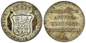 Elizabeth II (1833-1868). "Proclamation" medal. 1833. Madrid. (Ha-21). Ag. 5,93 g. 4 reales module. Toned. XF. Est...60,00. 

Spanish Description: I...