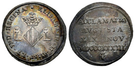 Elizabeth II (1833-1868). "Proclamation" medal. 1833. Valencia. (Vives-765). (H-35). (Vq-13385). Ag. 3,65 g. Gorgeous old cabinet patina. Iridescent t...