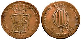 Elizabeth II (1833-1868). 3 quartos. 1837. Barcelona. (Cal-5). Ae. 6,86 g. VF/Choice VF. Est...30,00. 

Spanish Description: Isabel II (1833-1868). ...