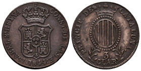 Elizabeth II (1833-1868). 3 quartos. 1844. Barcelona. (Cal-11). Ae. 7,53 g. VF/Choice VF. Est...30,00. 

Spanish Description: Isabel II (1833-1868)....