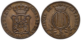 Elizabeth II (1833-1868). 3 quartos. 1845. Barcelona. (Cal-12). Ae. 7,58 g. VF. Est...25,00. 

Spanish Description: Isabel II (1833-1868). 3 cuartos...