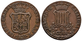 Elizabeth II (1833-1868). 6 quartos. 1837. Barcelona. (Cal-17). Ae. 14,15 g. VF. Est...35,00. 

Spanish Description: Isabel II (1833-1868). 6 cuarto...