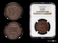 Elizabeth II (1833-1868). 6 quartos. 1838. Barcelona. (Cal-18). Ae. Slabbed by NGC as AU 58 BN. NGC-AU. Est...70,00. 

Spanish Description: Isabel I...
