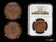 Elizabeth II (1833-1868). 6 quartos. 1841. Barcelona. (Cal-22). Ae. Slabbed by NGC as AU 53 BN. 5-petalled flowers. NGC-AU. Est...75,00. 

Spanish D...