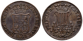 Elizabeth II (1833-1868). 6 quartos. 1841. Barcelona. (Cal-22). Ae. 13,47 g. 5-petalled flowers. VF. Est...45,00. 

Spanish Description: Isabel II (...