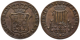 Elizabeth II (1833-1868). 6 quartos. 1844. Barcelona. (Cal-26). Ae. 14,03 g. 5-petalled flowers. Choice VF. Est...40,00. 

Spanish Description: Isab...