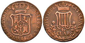 Elizabeth II (1833-1868). 6 quartos. 1844. Barcelona. (Cal-27). Ae. 12,87 g. 7-petalled flowers. VF. Est...50,00. 

Spanish Description: Isabel II (...