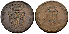 Elizabeth II (1833-1868). 6 quartos. 1846. Barcelona. (Cal-31). Ae. 19,52 g. 7-petalled flowers. High weight. Choice F. Est...80,00. 

Spanish Descr...