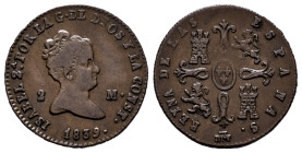 Elizabeth II (1833-1868). 2 maravedis. 1839. Segovia. (Cal-50). Ae. 2,41 g. VF. Est...40,00. 

Spanish Description: Isabel II (1833-1868). 2 maraved...