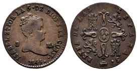 Elizabeth II (1833-1868). 2 maravedis. 1845. Segovia. (Cal-57). Ae. 2,35 g. VF. Est...30,00. 

Spanish Description: Isabel II (1833-1868). 2 maraved...