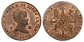 Elizabeth II (1833-1868). 2 maravedis. 1849. Segovia. (Cal-61). Ae. 2,33 g. Hairline on obverse. It retains some minor luster. XF/AU. Est...65,00. 
...