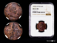 Elizabeth II (1833-1868). 4 maravedis. 1850. Jubia. (Cal-76). Ae. Slabbed by NGC as MS 61 BN. It retains some minor luster. Rare in this condition. NG...