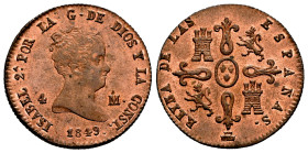 Elizabeth II (1833-1868). 4 maravedis. 1849. Segovia. (Cal-92). Ae. 5,15 g. Original luster. Almost MS/Mint state. Est...150,00. 

Spanish Descripti...