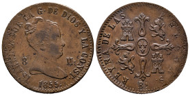 Elizabeth II (1833-1868). 8 maravedis. 1855. Barcelona. (Cal-98). Ae. 10,14 g. Struck over another coin. Scarce. VF/Choice VF. Est...75,00. 

Spanis...