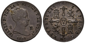 Elizabeth II (1833-1868). 8 maravedis. 1858. Barcelona. (Cal-100). Ae. 10,40 g. Scarce. XF. Est...150,00. 

Spanish Description: Isabel II (1833-186...