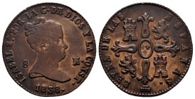 Elizabeth II (1833-1868). 8 maravedis. 1838. Segovia. (Cal-124). Ae. 8,99 g. Some scratches. Cleaned. VF. Est...50,00. 

Spanish Description: Isabel...