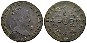 Elizabeth II (1833-1868). 8 maravedis. 1840. Segovia. (Cal-126). Ae. 9,37 g. Surface corrosion removed. Choice VF. Est...60,00. 

Spanish Descriptio...