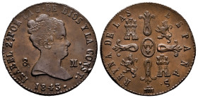Elizabeth II (1833-1868). 8 maravedis. 1843. Segovia. (Cal-130). Ae. 9,80 g. Knock on edge. Almost XF. Est...90,00. 

Spanish Description: Isabel II...